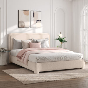 Arbor Linen Metal Platform Bed with Vintage Minimal Headboard
