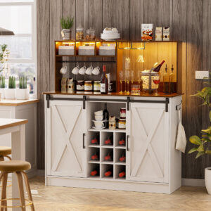 Industrial Rolling Bar Cart with LED Neon Lights, Metal Storage & Power Strip for Home Beverage Station