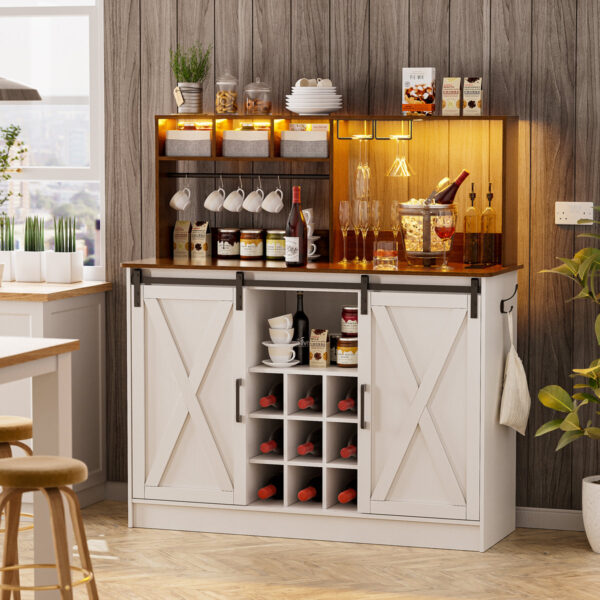 Industrial Rolling Bar Cart with LED Neon Lights, Metal Storage & Power Strip for Home Beverage Station